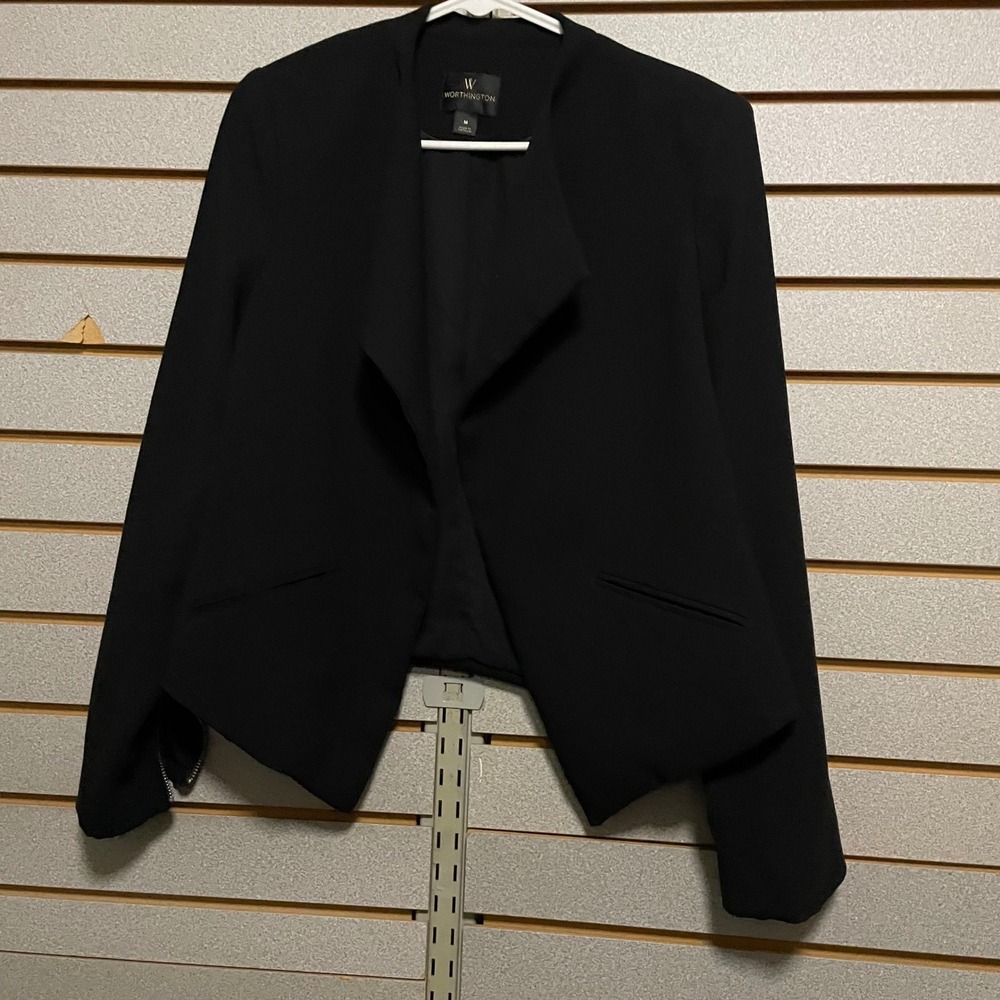 Worthington Black Collarless Blazer Jacket Zipper Cuff Womens Size M